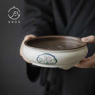 宜室茶话 手绘幽兰锡盖壶承仿古开窗高足蓄水茶盘圆形手工干泡台