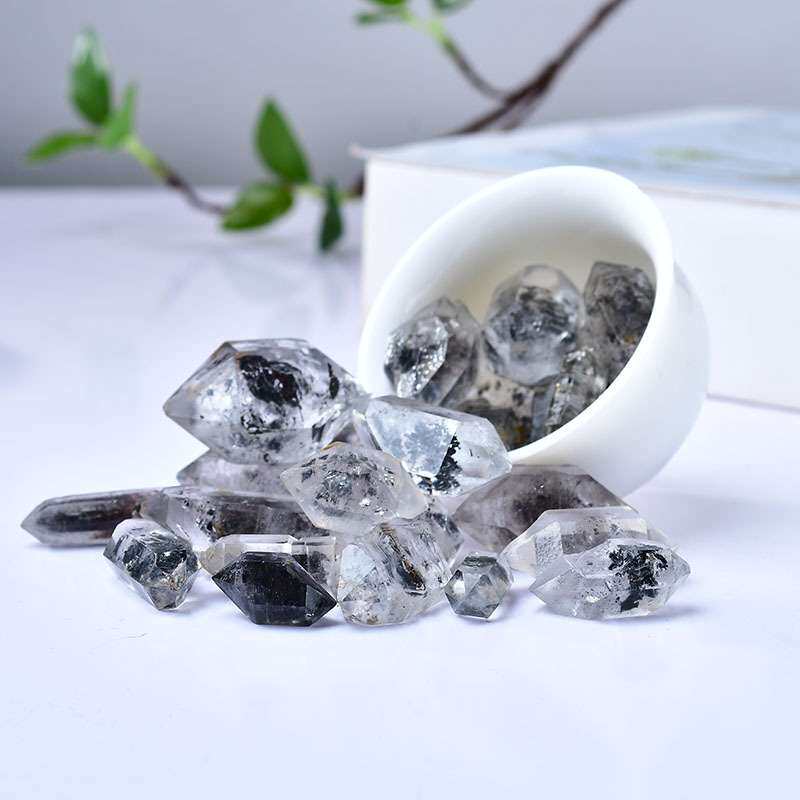 厂家现货供应天然黑糖心闪灵钻双尖黑幽灵黑流沙水晶原石把玩装饰