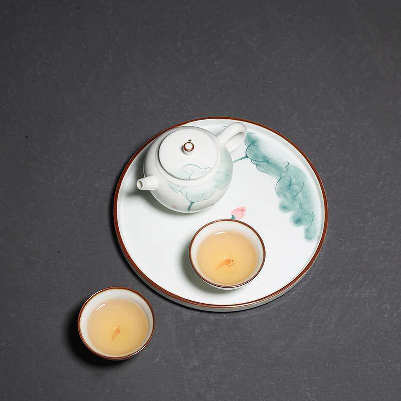 纯手绘荷花干泡盘一壶二杯小套组陶瓷小茶盘家用