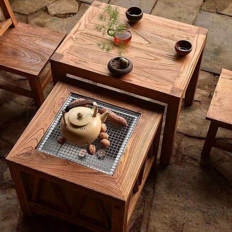 老榆木煮茶围炉桌户外实木小茶桌碳炉原木茶几茶台桌阳台茶几桌