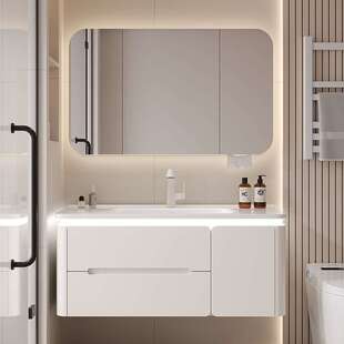 批全橡木烤漆浴室柜组合陶瓷一体盆洗脸池奶油风智能圆角洗漱台卫