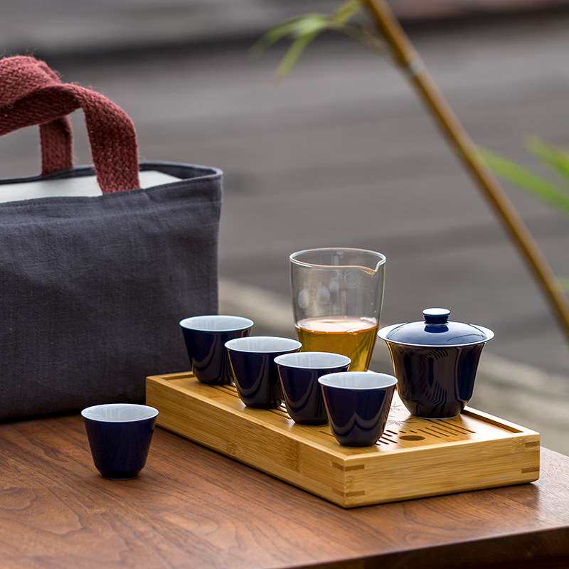 旅之玉兰米黄霁蓝盖碗户外便携茶具竹茶盘家用茶碗赶泡盘茶礼logo