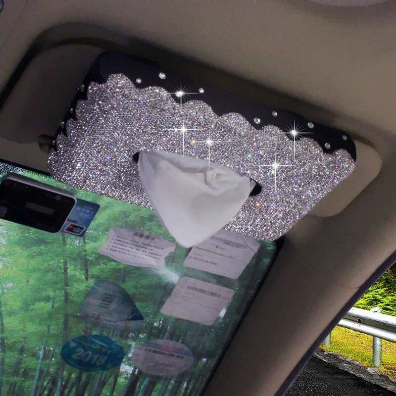 新款镶钻遮阳板纸巾盒车载车用抽纸盒个性带钻水晶摆件车用品女士
