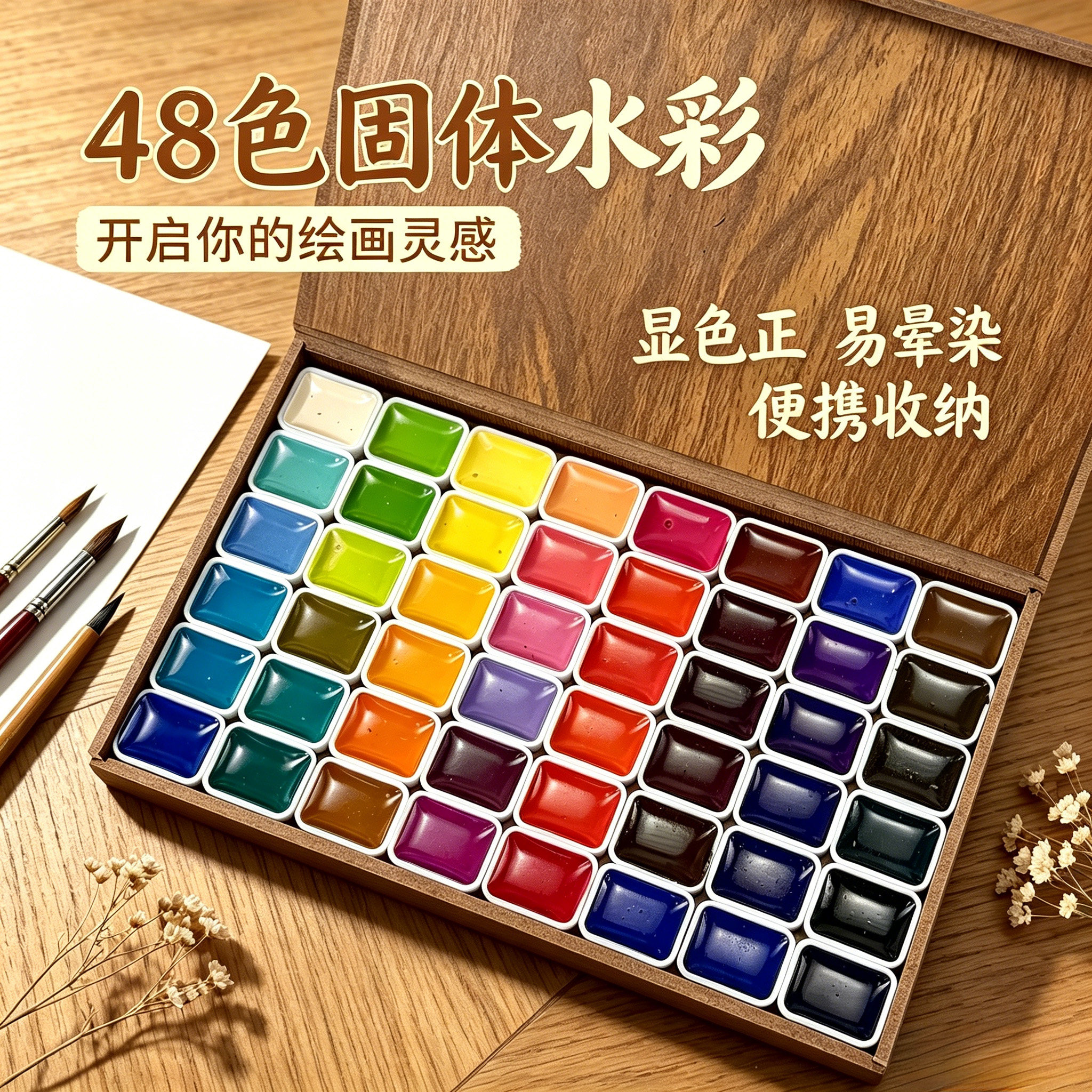 48色固体水彩颜料木盒装