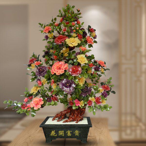 玉石牡丹花大型公司装饰品大堂玉器工艺品创意高档法式盆景摆件
