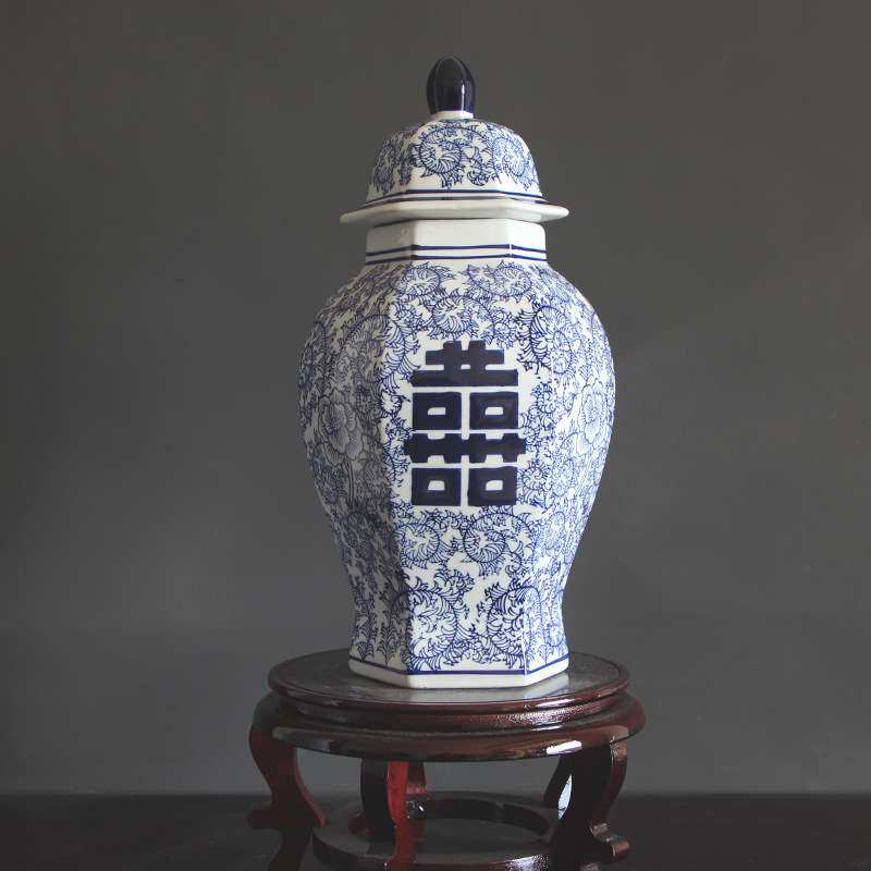 青花瓷储物罐插花瓶瓷器中式电视柜摆设家居装饰工艺品摆件喜字罐