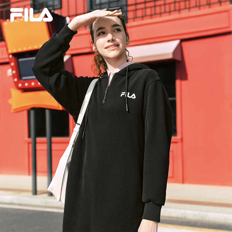 斐乐轻糯卫衣长裙丨FILA简约显瘦长裙秋季女装连帽长款大码连衣裙