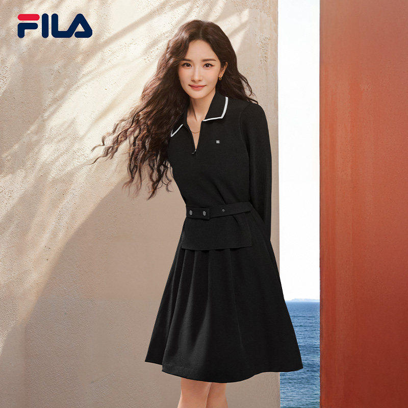 【杨幂同款】FILA 斐乐官方女子连衣裙秋款收腰显瘦翻领连身裙
