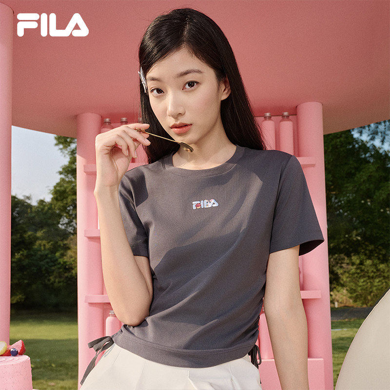 FILA斐乐女子辣妹短袖T恤2026夏新款休闲运动刺绣修身侧抽绳上衣