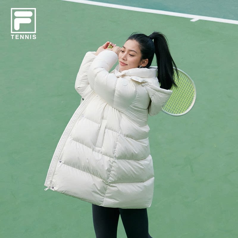 FILA 斐乐网球系列女士中长款羽绒服2025冬新款运动宽松连帽外套