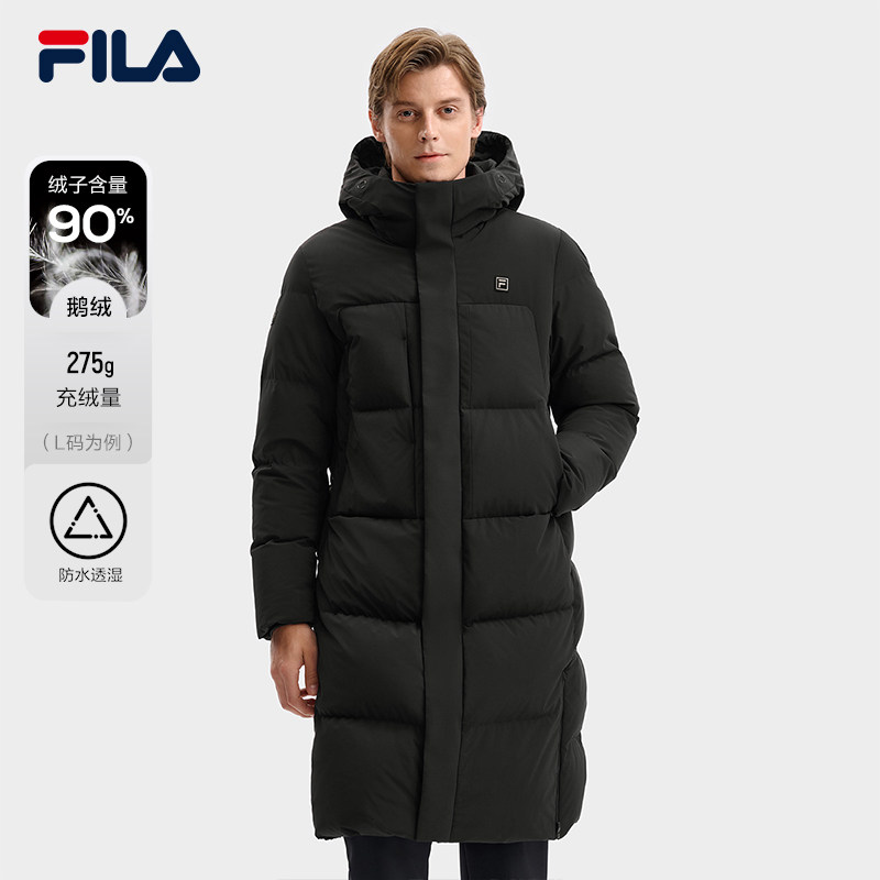 FILA长款鹅绒服斐乐男羽绒服2025冬新款连帽保暖防水厚外套防寒服