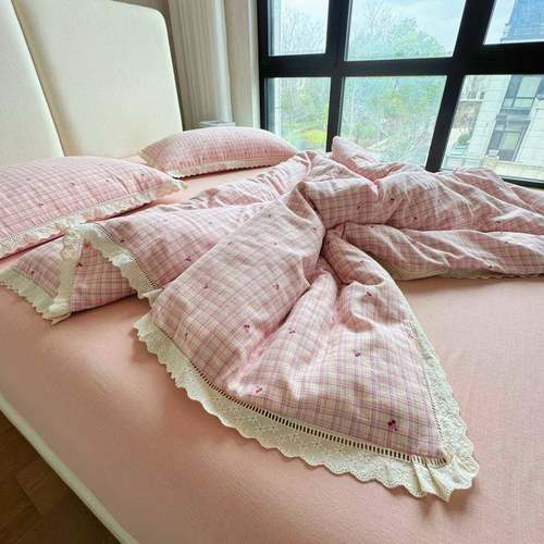 A类母婴级纯棉双层纱四件套法式少女心蕾丝花边款全棉春夏款套件