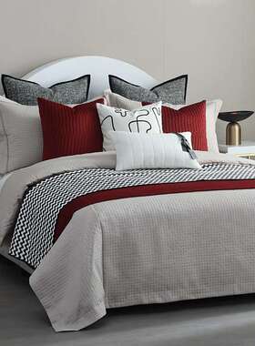 现代简约红色绗缝抱枕黑白刺绣十二件套售楼部软装专用样板间床品