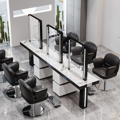 理发店镜台柜子一体美发店带灯镜子大理石桌发廊专用不锈钢烫染镜