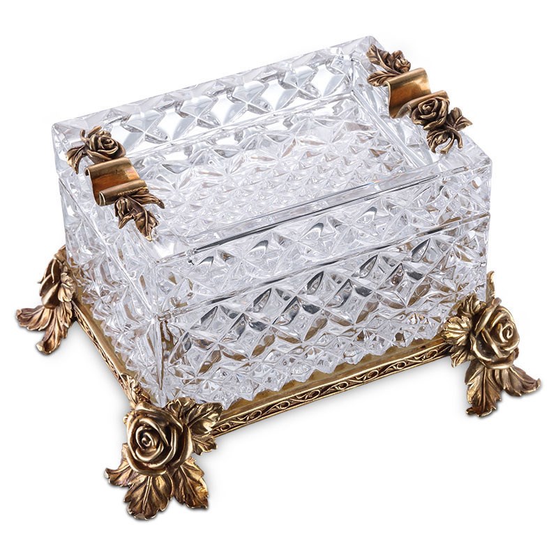 雪茄烟灰缸玫瑰精美铜雕s底座烟槽欧式水晶大号矩形创意客厅办公