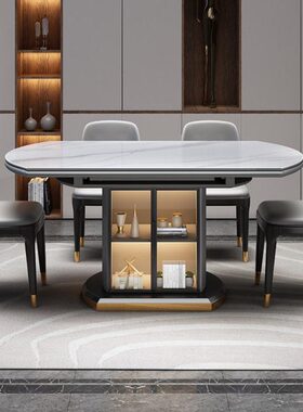 现代简约可伸缩户型带椅储物变组合圆桌家用小饭桌岩板餐桌轻奢