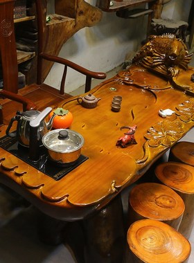 根雕茶台金丝楠木树根茶几整体实木茶海内I嵌电茶炉茶桌HC10658