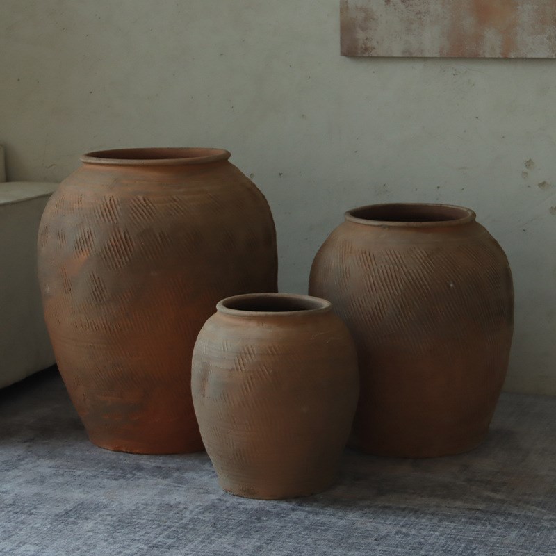 大肚花瓶粗陶落地大陶罐复古禅意侘寂风民宿景P观装饰土陶瓮瓶中