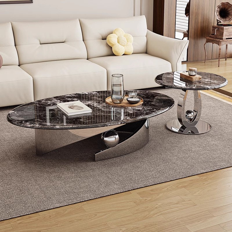 2025款意式极简奢石椭s圆形微晶石茶几组合现代简约轻奢客厅小户