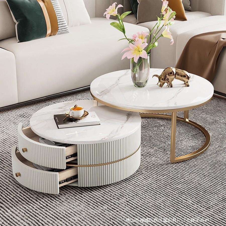 岩板茶几圆形客厅家用小户型轻奢感现代简约新款奶油风移动桌整装