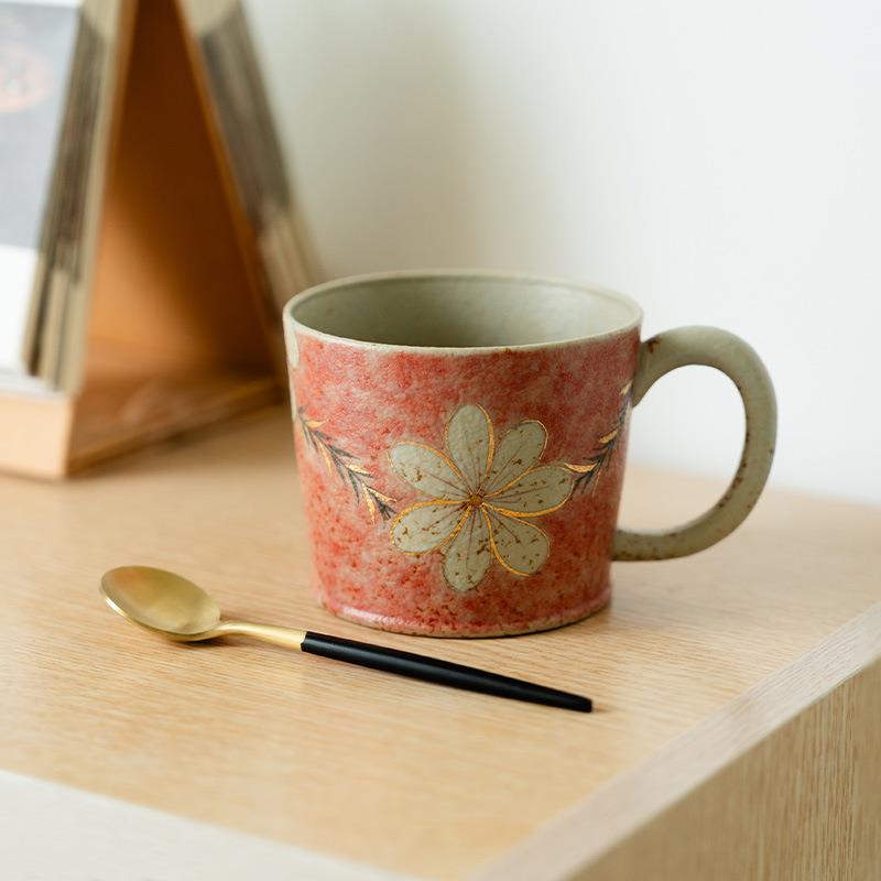 新中式火石红纯手绘石榴花滢雅咖啡把杯陶瓷个人家用马克杯陶瓷