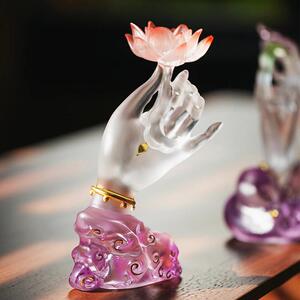 东魅红莲花手古法琉璃渐变红莲紫色云纹底座桌面摆件茶道摆件饰品