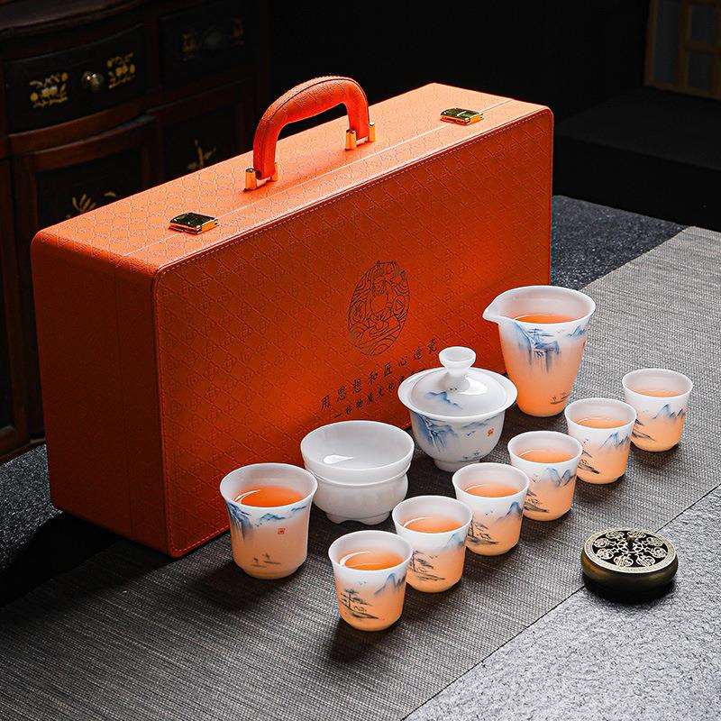拓牌手绘山水人家冰种玉瓷茶具套装德化中国白陶瓷办公室家用送礼