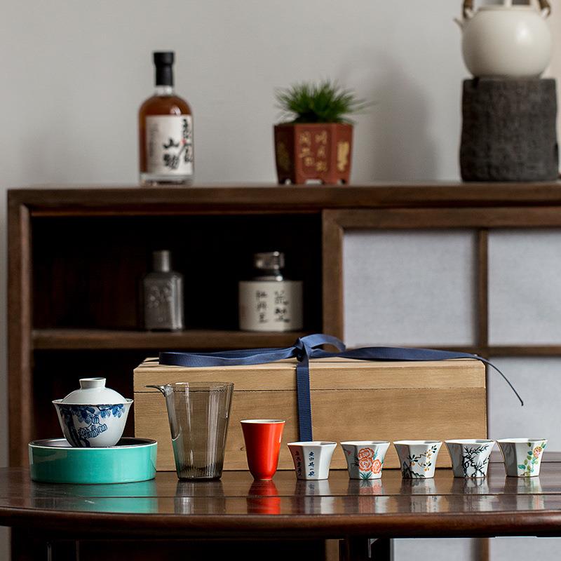 仿古泥手绘青花梧桐树三才盖碗泡茶碗柴窑花卉手工薄胎陶瓷茶具