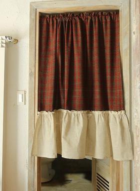 美式乡村英伦红色格子门帘遮光窗帘半帘免打孔卧室卫生间