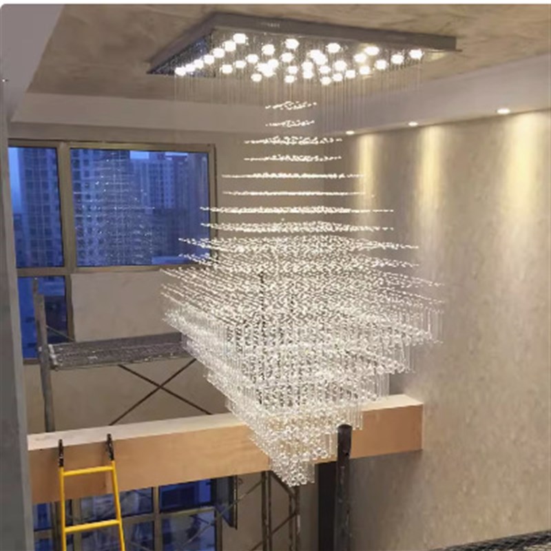 楼梯吊灯lcoft新中式水晶长吊灯小复式楼梯间别墅客厅挑空大吊灯