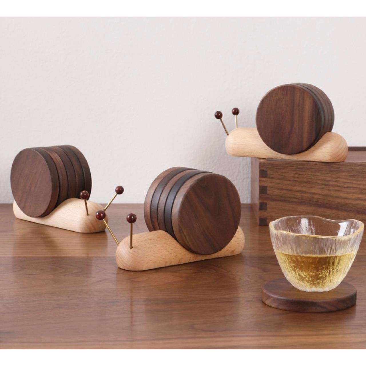 蜗牛杯垫木质隔热防烫套装茶几创意可爱摆件磁铁杯托茶托杯碗垫子