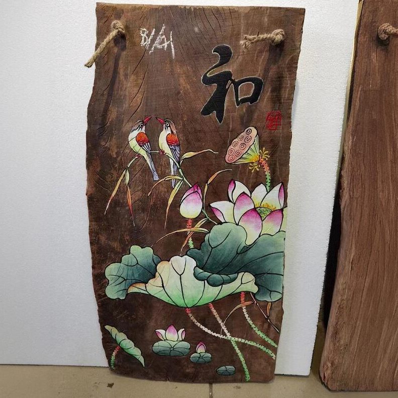 化风客厅装饰画木板中式鱼挂画禅意卧室客厅复古手绘挂件荷花木板图片
