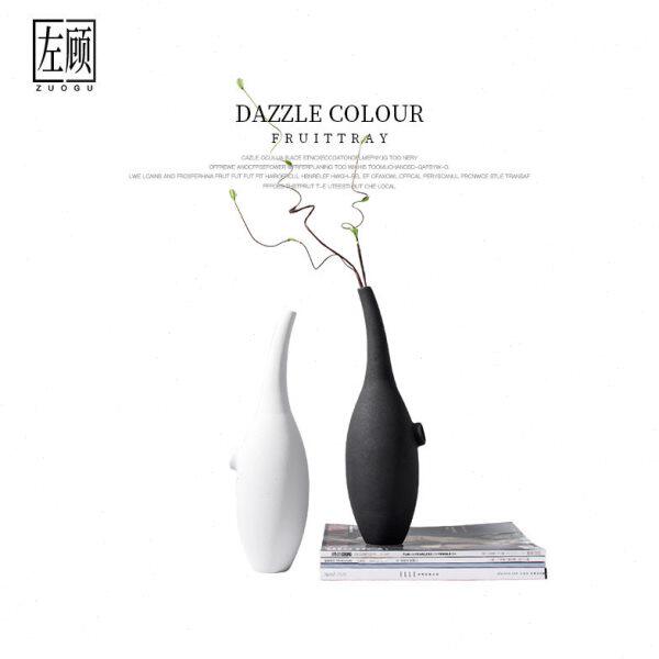 粗陶花瓶极简现代简约陶瓷创意花器样板房黑白磨砂软装白色