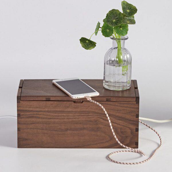 插线板整理实木子喜排插收纳盒盒装黑胡桃桌面集饰木质线盒起插座