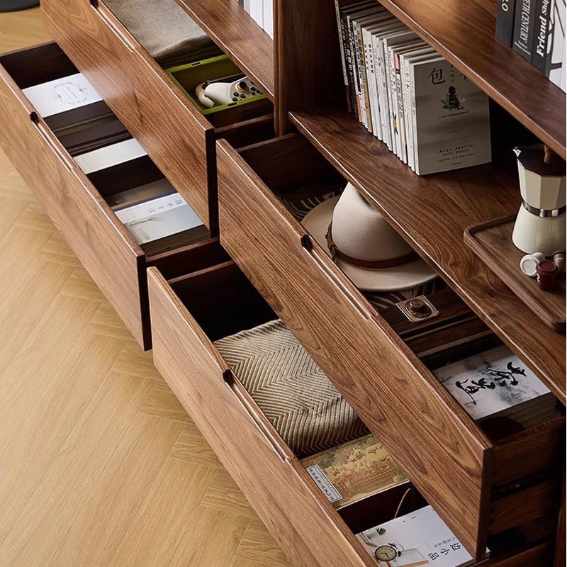 北欧实木书柜落地书架黑胡桃木客厅家用收纳展示柜整W墙储物柜组