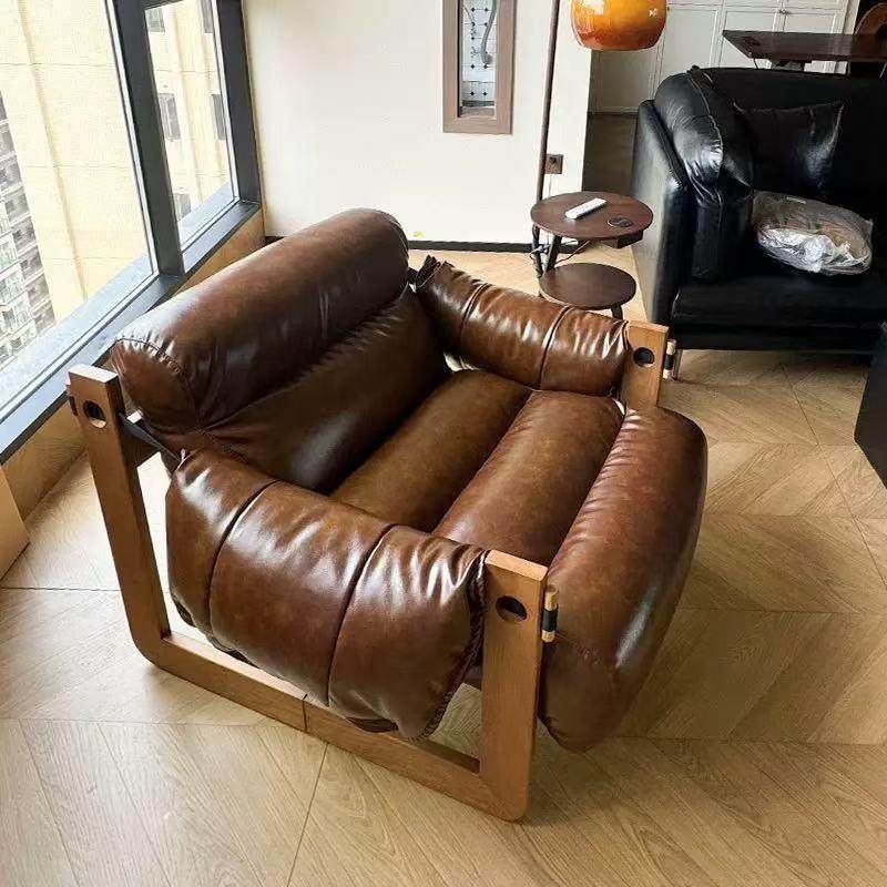 中古风实木单人沙发椅泽西岛椅客厅皮沙发懒人沙发休闲椅复古躺椅