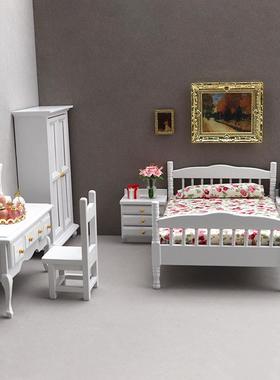 1:12娃娃屋dollhouse迷你家具模型摆件白色卧室微场景床梳妆台柜