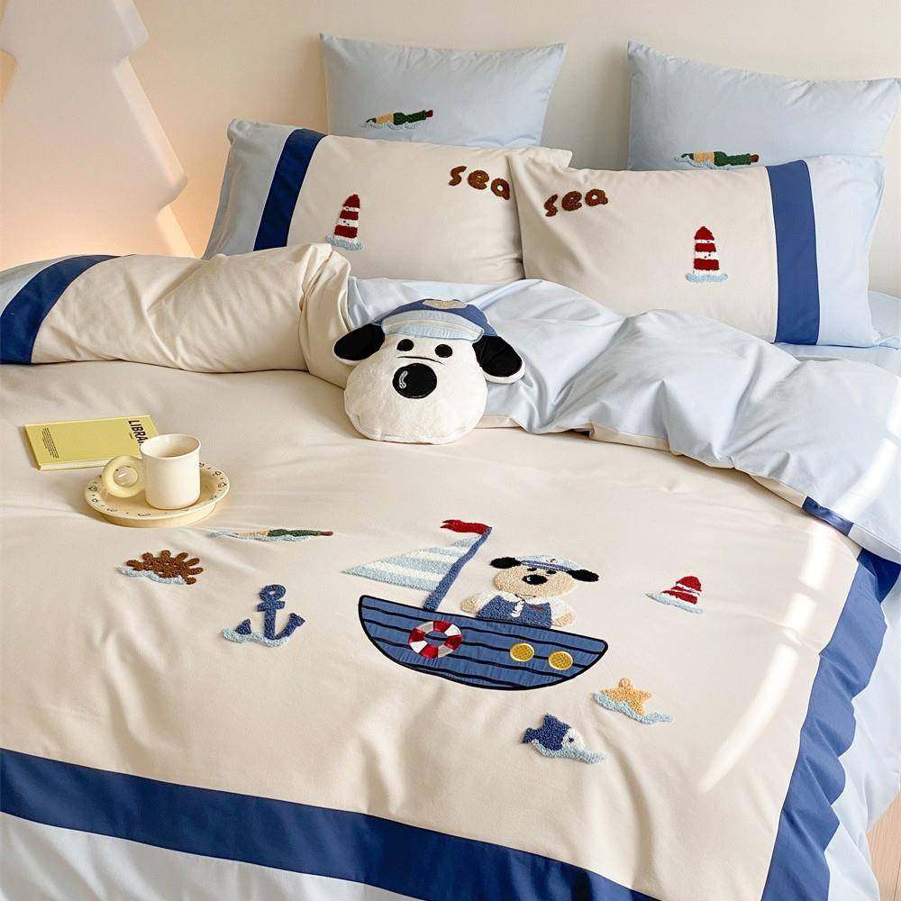 秋冬季全棉磨毛四件套加厚纯棉刺绣被套公主风儿童床上用品