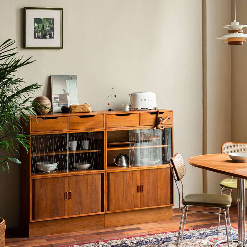 9U萨德船长现代奶油风简约茶水实木复古餐边柜储物柜书柜组合带玻