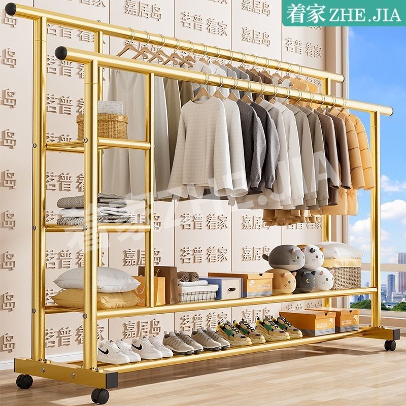 特粗冬季晾衣架家用卧室移动加高挂衣架宿舍双排侧网多晒衣帽架子