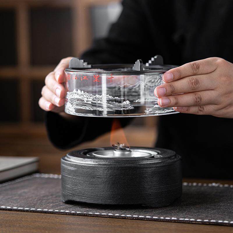 宜室茶话千里江山耐高温玻璃温茶炉酒精煮茶器公杯茶壶加热暖茶炉