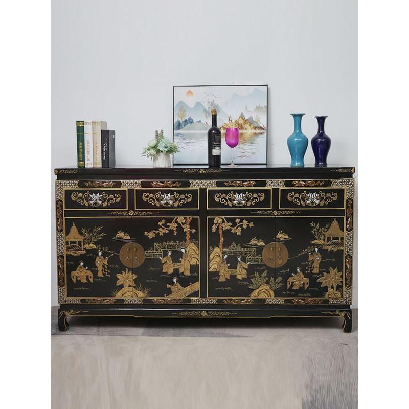 中式全实木餐边柜榆木仿古描金厨房餐边柜储物柜可用茶水柜可现货