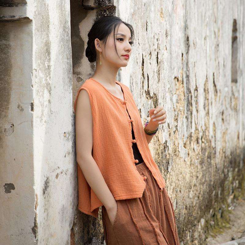 25秋季棉麻女装新款新中式改良马夹文艺复古盘扣开衫女式百搭背心