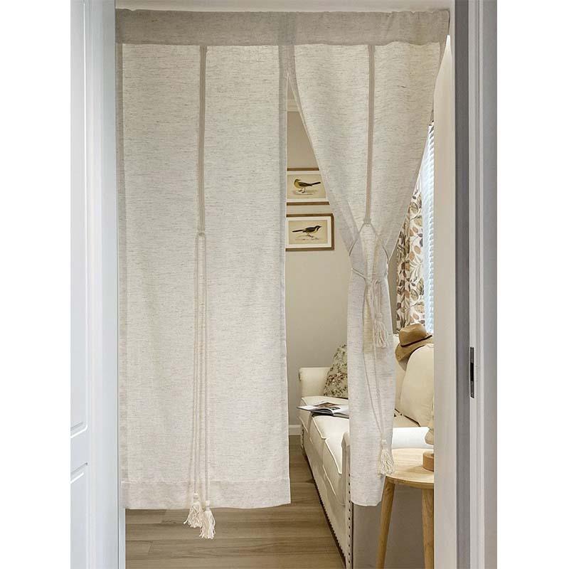 日式亚麻素色分片米色门帘吊穗绑绳出租屋半帘卧室隔断短帘商用家