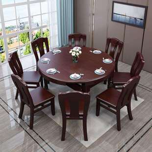中式餐桌实木餐桌组合 6-12人桌方圆可变餐桌折叠伸缩小户型