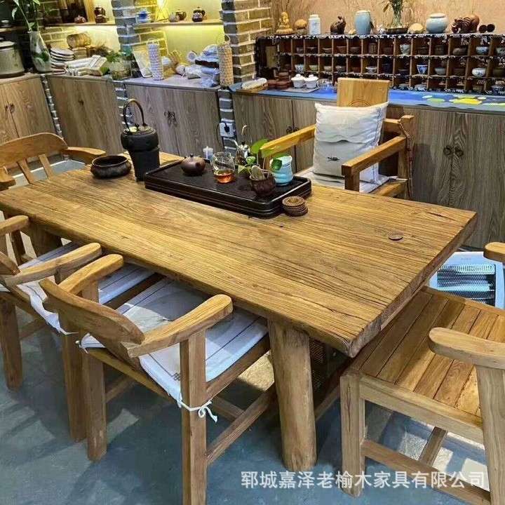 老榆木门板茶桌旧门板茶台餐桌旧木板长方形餐桌家具实木榆木方桌