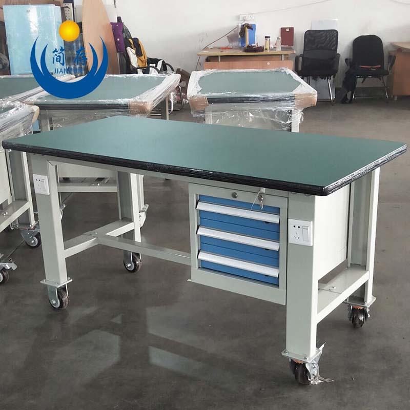 移动型三抽重型防静电工作台 吊柜绿色复合桌面钳工桌 铁板操作台
