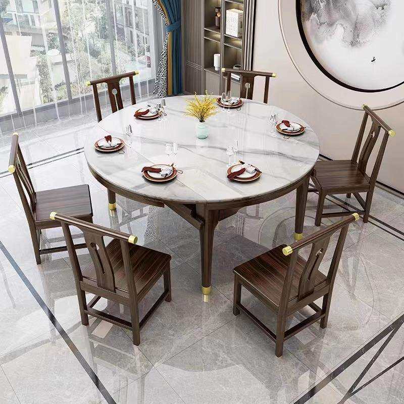 新中式乌金木实木餐桌椅家用方圆两用岩板餐桌小户型折叠组合饭桌