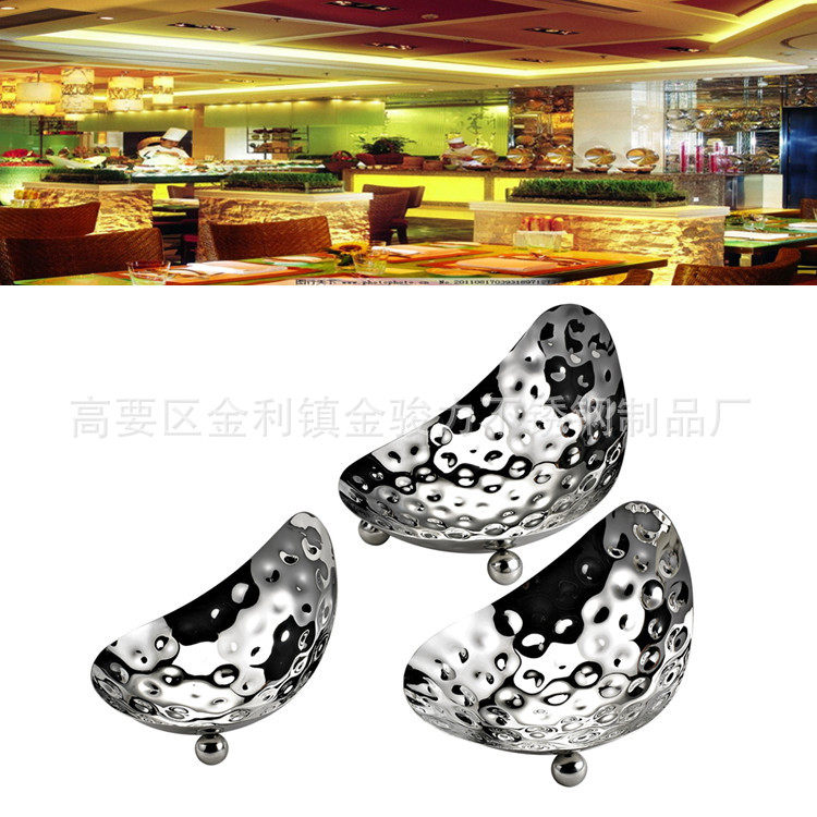 不锈钢锤印刺身冰盘酒店沙拉碗翘角锤点水果盘酒店宴会食物展示盆