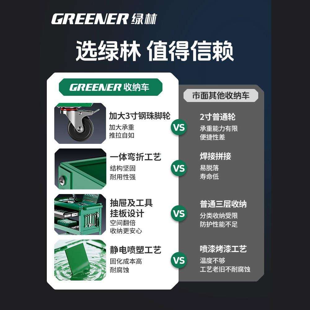 绿林工具车汽修抽屉式维修小手推车箱移动三层柜零件车架子层收纳